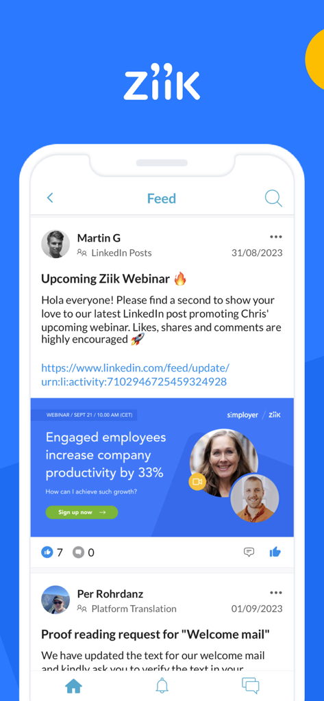 Ziik - The Social Intranet - 従業員向けのソーシャルメディア形式の内部コミュニケーションフィードを表示するZiikアプリのインターフェース