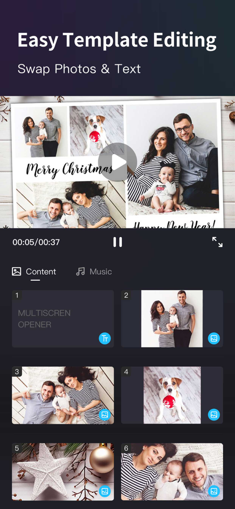 Slideshow Creator -MovieStudio - Mobile app interface showing easy template editing with family holiday photos and text swap features
