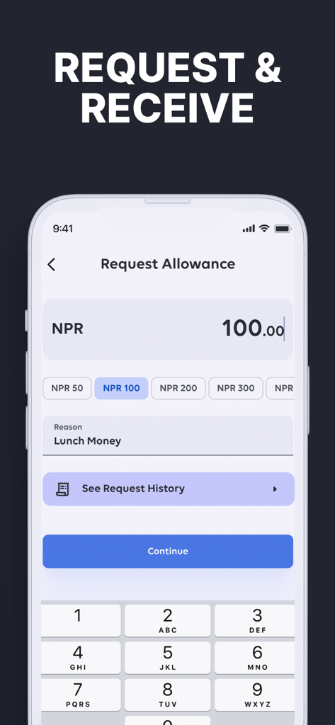 Global Junior - Global Junior 앱 인터페이스, 100 NPR 점심값 용돈 요청하는 아이 표시