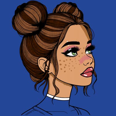 realistic girl with buns on the top of her head