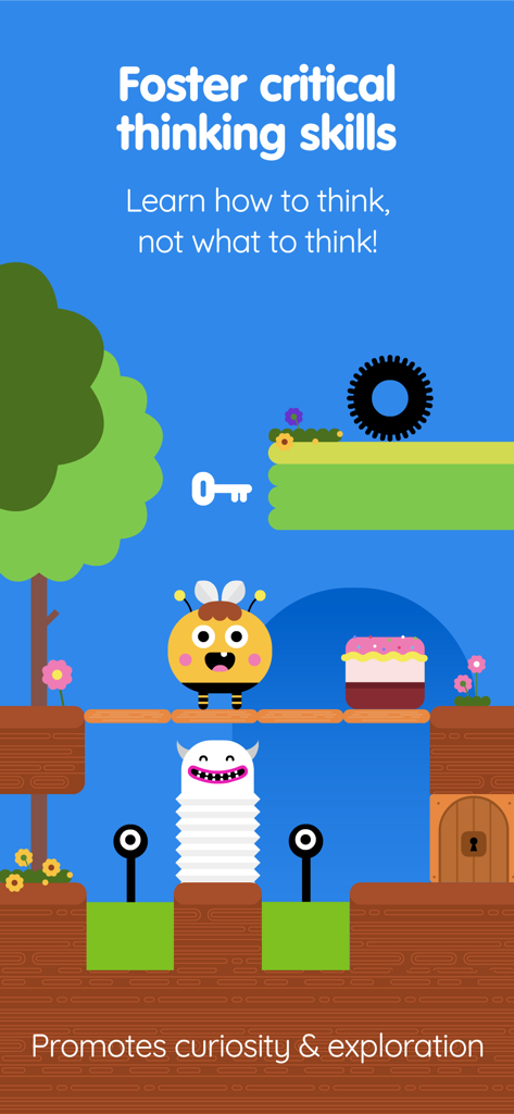 Logic puzzle game screen for kids showing colorful characters and a challenge to foster critical thinking