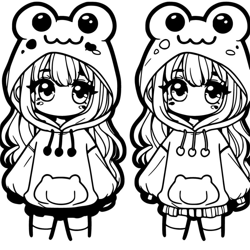 cute girl that has a frog hat and a frog oversized sweatshirt