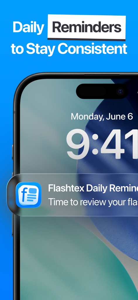 Flashtex: Study Flashcards - iPhone-Sperrbildschirm, der eine tägliche Lernbenachrichtigung von der Flashtex-App zeigt