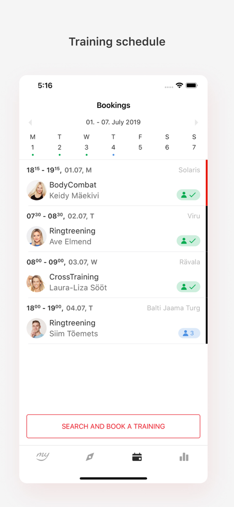 Um ecrã de smartphone exibindo um horário de treino e reservas de aulas de fitness na aplicação MyFitness.