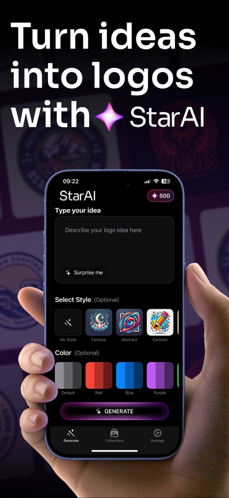 AI Logo Design Brand Maker Art - Uma mão segurando um iPhone exibindo a interface do aplicativo Star AI para gerar logos a partir de prompts de texto com opções de estilo e cor.