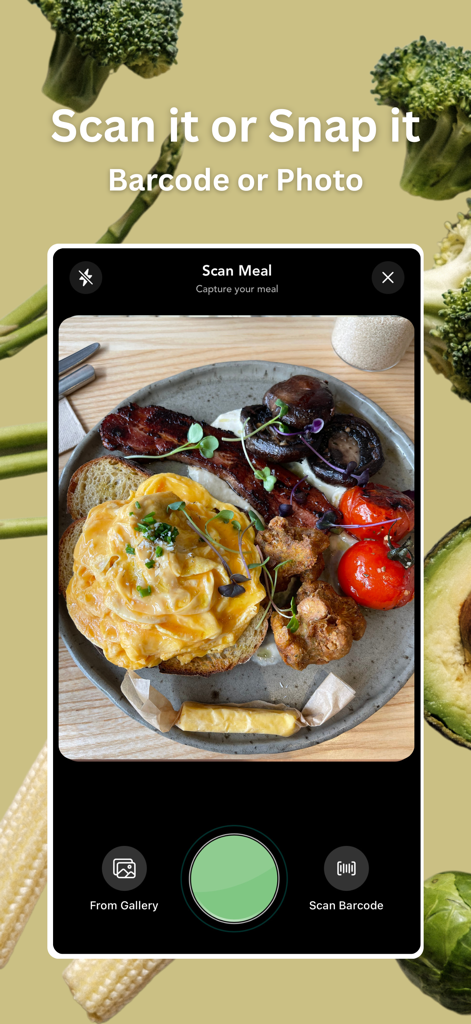 Foodzilla! Nutrition Assistant - Foodzilla app interface showing how to scan a meal using a photo for nutrition tracking