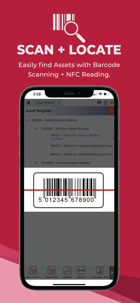 MEX Mobile - MEX Mobile App-Bildschirm mit Barcode-Scan-Funktion zum Auffinden und Verwalten von Industrieanlagen