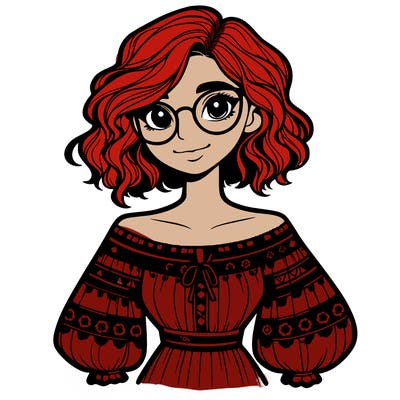 one girl with medium short hair, which are wavy. she has round glasses. she wears a latina outfit.