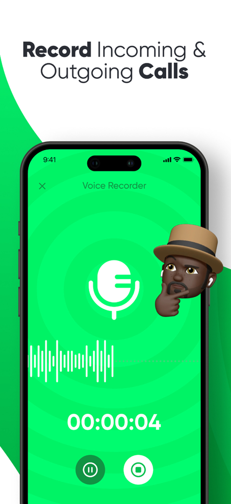 Tela de smartphone mostrando a interface do gravador de voz do aplicativo Gravação de Chamadas com um ícone de microfone e um cronômetro de gravação.