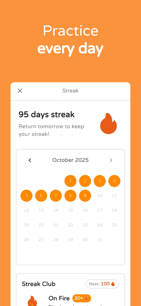 Coddy: Learn Coding Daily - Interface de l'application Coddy montrant une série de codage de 95 jours et un calendrier de progression