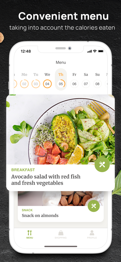 PEP: Keto - Diet plan tracker - Interfaz de la aplicación PEP Keto que muestra un menú diario con opciones de desayuno y merienda keto