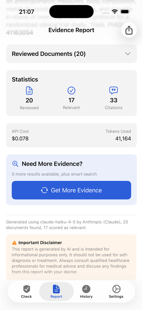 MedicalFactChecker - MedicalFactChecker app evidence report displaying search statistics and API usage costs.