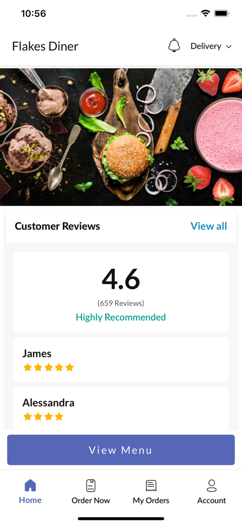 Flakes Diner - Interface do aplicativo móvel Flakes Diner mostrando altas avaliações e críticas de clientes