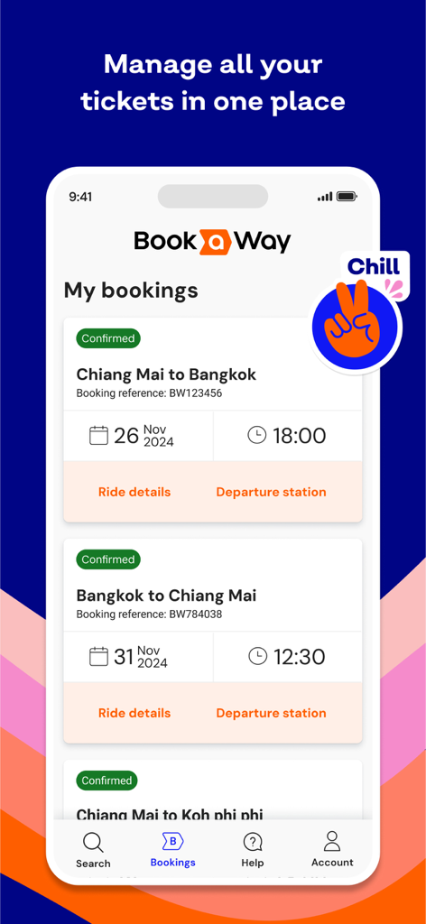 Bookaway: Bus Train & Ferry - The Bookaway app interface showing a list of confirmed travel bookings and e-tickets for trips between Chiang Mai and Bangkok.