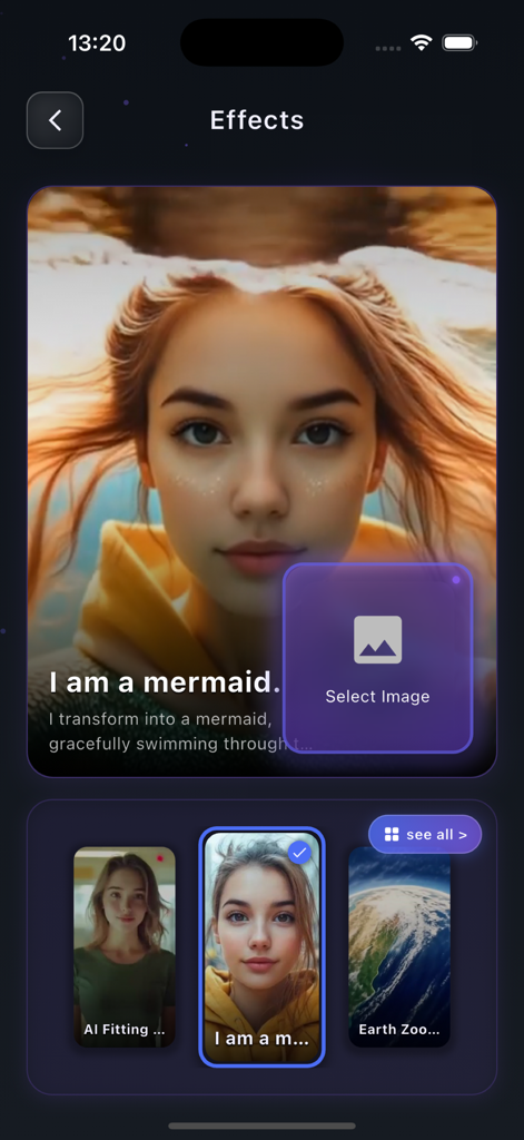 Matty:AI Image-Video Generator - Matty AI app interface showing various video transformation effects and a mermaid prompt selection