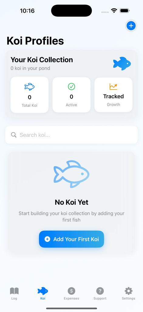 KoiAi - Empty koi profiles collection screen in the KoiAi pond management app