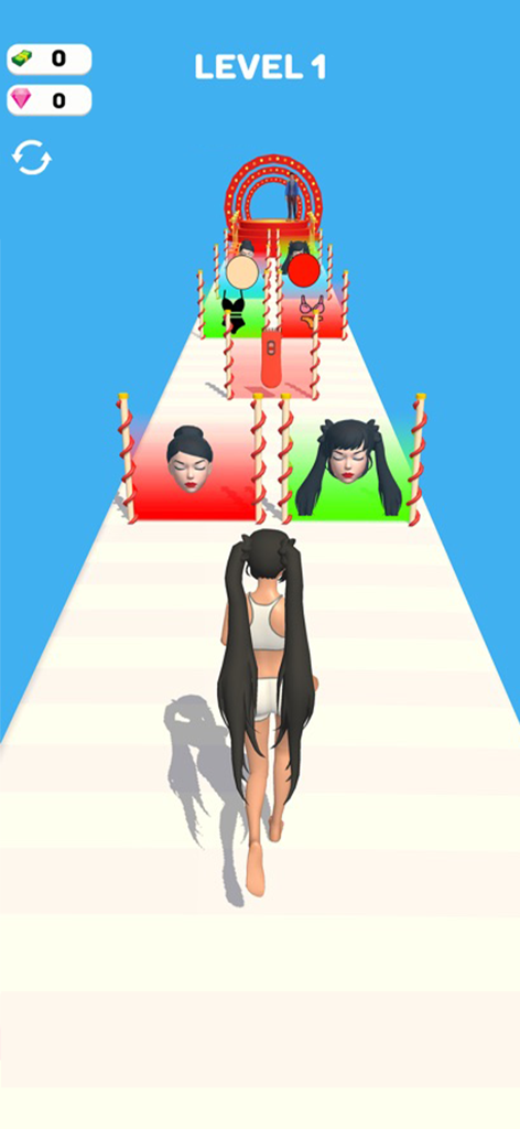 A 3D character running on a platform in Build a Girlfriend game selecting between different hair styles.