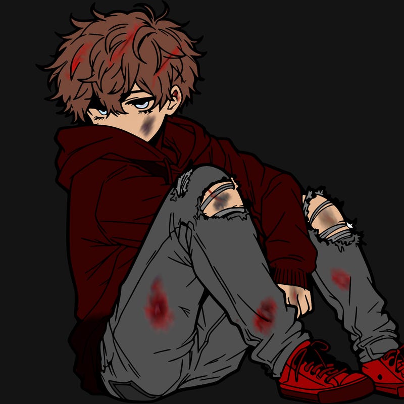 a male hoddie ripped jeans messy hair anime