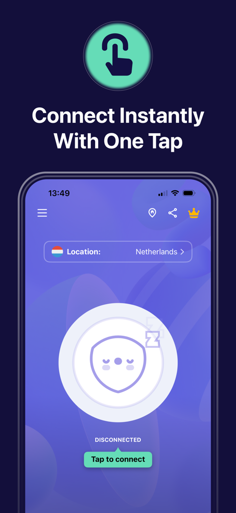 PrimeVPN - Fast & Secure VPN - Interfaz de la aplicación PrimeVPN con un botón de conexión de un solo toque y un icono de escudo para navegación segura.