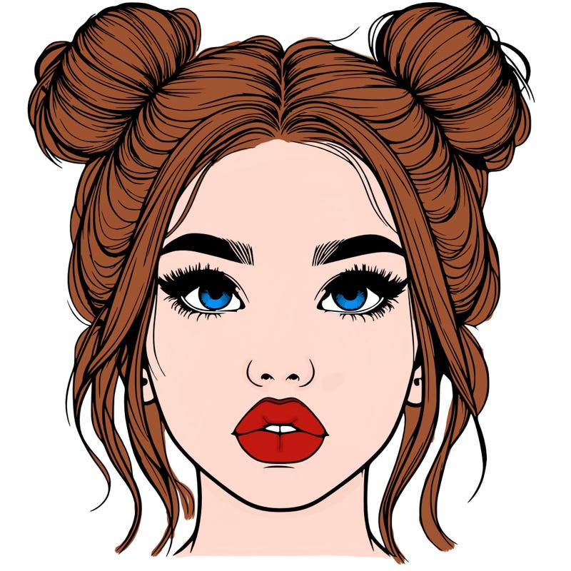 realistic girl with two buns on her hair and lips