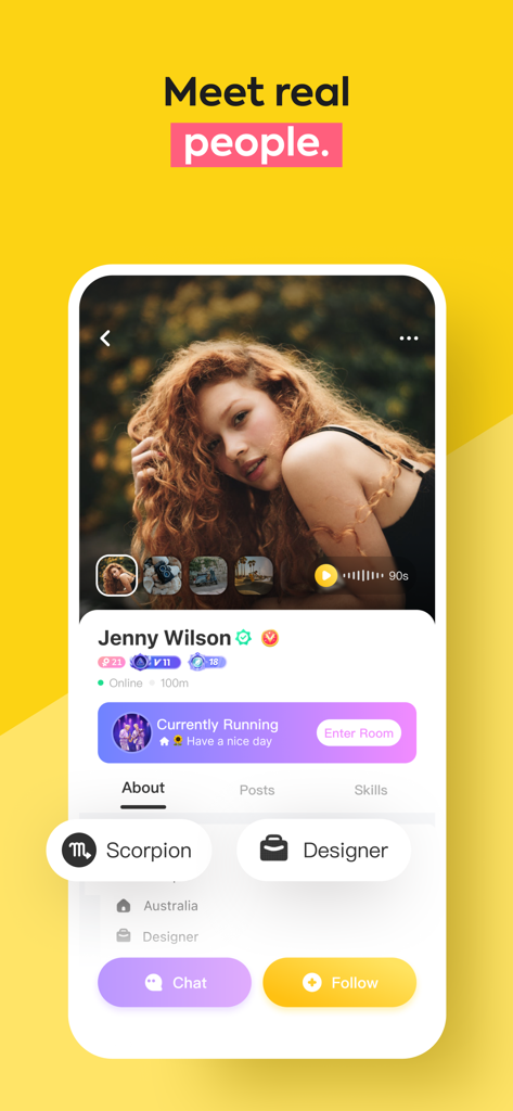 A user profile screen on the Partying app showing a female user profile with options to chat and follow