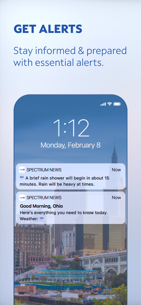 Spectrum News: Local Stories - iPhone lock screen showing Spectrum News weather and local news notifications