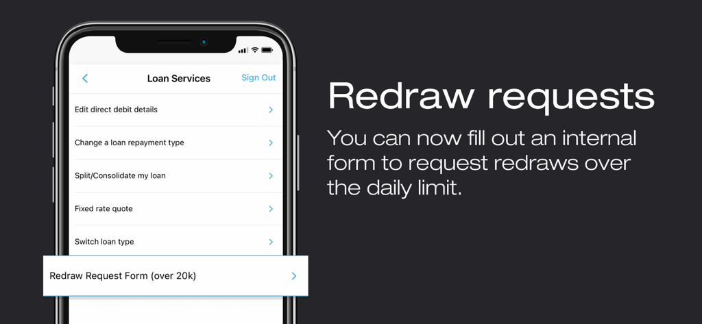 Firstmac Money - Interface of Firstmac Money app highlighting the loan redraw request feature
