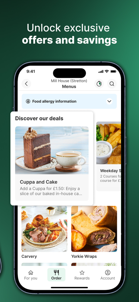 Greene King app interface displaying food menu items and exclusive dining deals