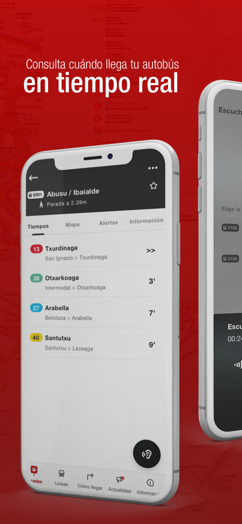 The Bilbobus app interface displaying real-time bus arrival countdowns for local transit in Bilbao