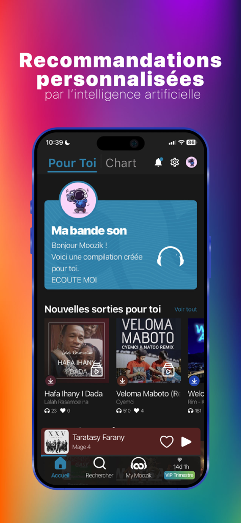 Moozik : Musique et Karaoké - Moozik app interface showing personalized Malagasy music recommendations and AI-curated playlists
