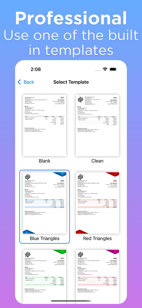 Receipt Maker Generator - A selection of professional built-in templates for generating receipts on the Receipt Maker app