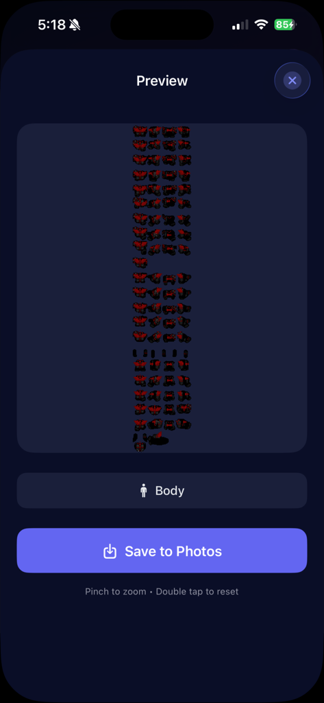 Graal Custom iFile - A preview screen in the Graal Custom iFile app showing a red and black pixel art body sprite sheet with a save to photos button.