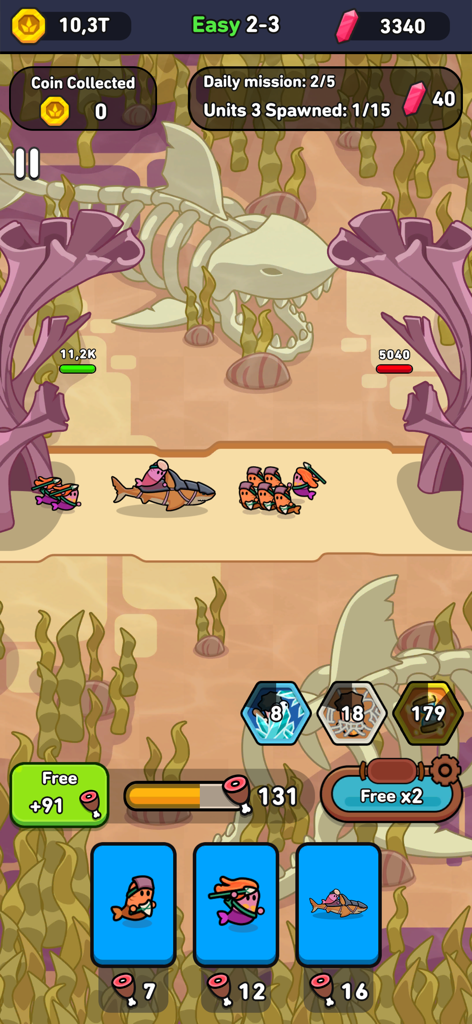 Eternal Empire: Warrior Eras - Gameplay screenshot of Eternal Empire Warrior Eras showing mermaid warriors and shark riders in an underwater battle against a backdrop of a giant shark skeleton