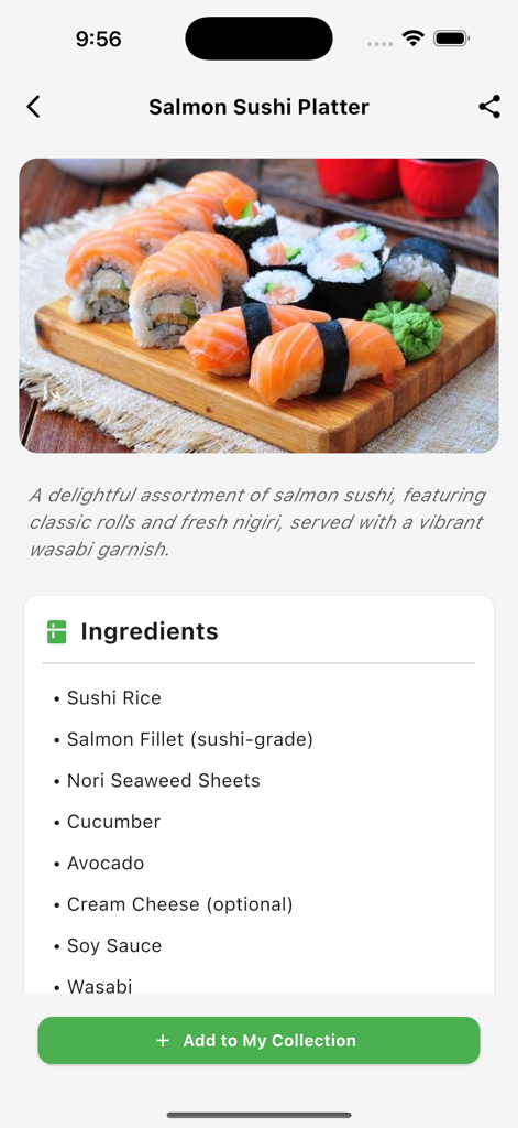 AI Food Recipe Identifier - Vue détaillée d'un plat de sushis au saumon avec une liste d'ingrédients