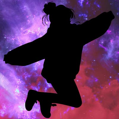 realistic girl jumping with a bun and oversized sweatshirt