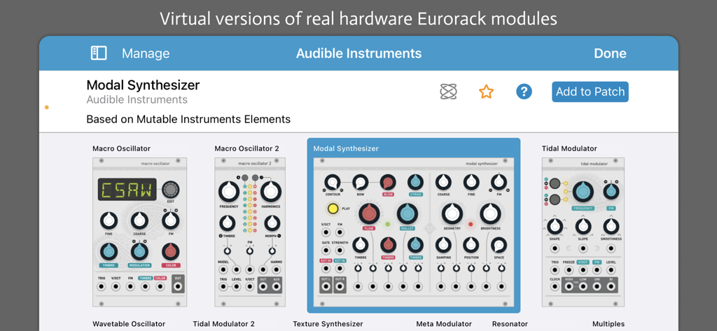 Interface showing the virtual Eurorack module browser in the miRack modular synthesizer app