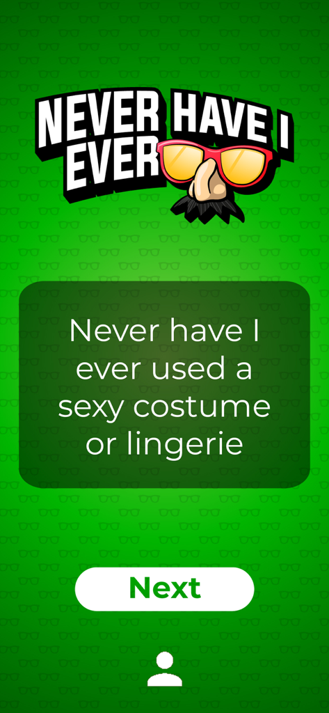 Never Have I Ever game screen with a spicy question about costumes
