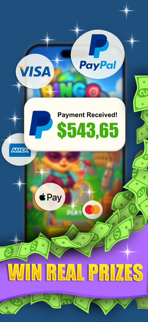 Bingo Mania: Fast & Skilled - Werbebildschirm von Bingo Mania, der eine PayPal-Zahlungsbestätigung über fünfhundertdreiundvierzig Dollar mit Symbolen für Geldpreise zeigt