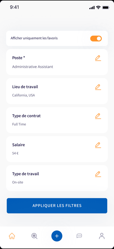 Auneモバイルアプリのインターフェース、職種、場所、給与の求人検索フィルターが表示されています