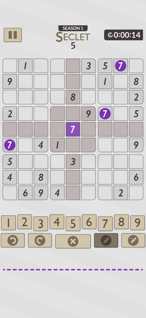 A Sudoku puzzle grid with purple highlights and game control buttons
