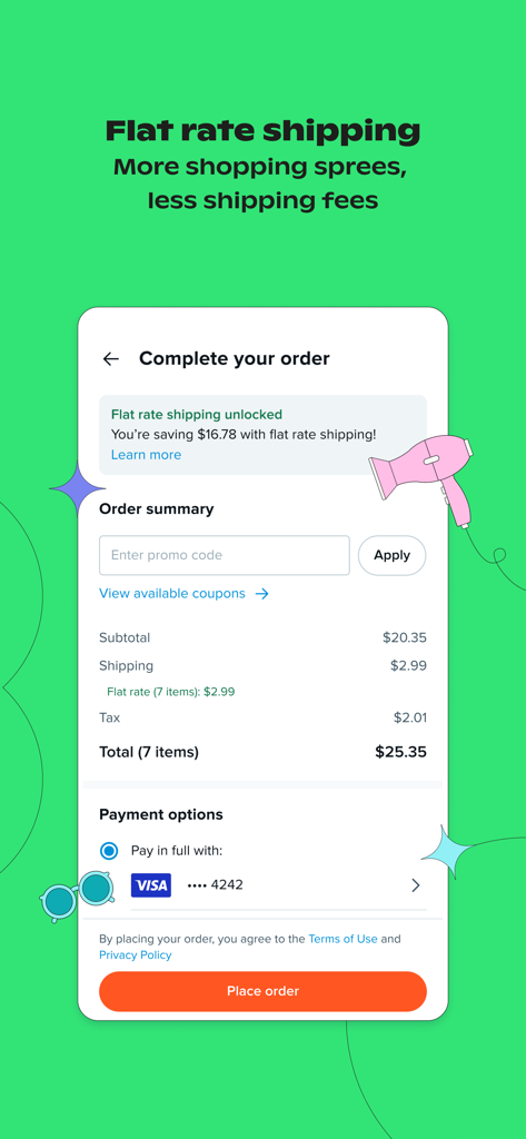 Pantalla de pago de la aplicación Wish que muestra ahorros de envío a tarifa plana y un resumen del pedido por un total de veinticinco dólares.