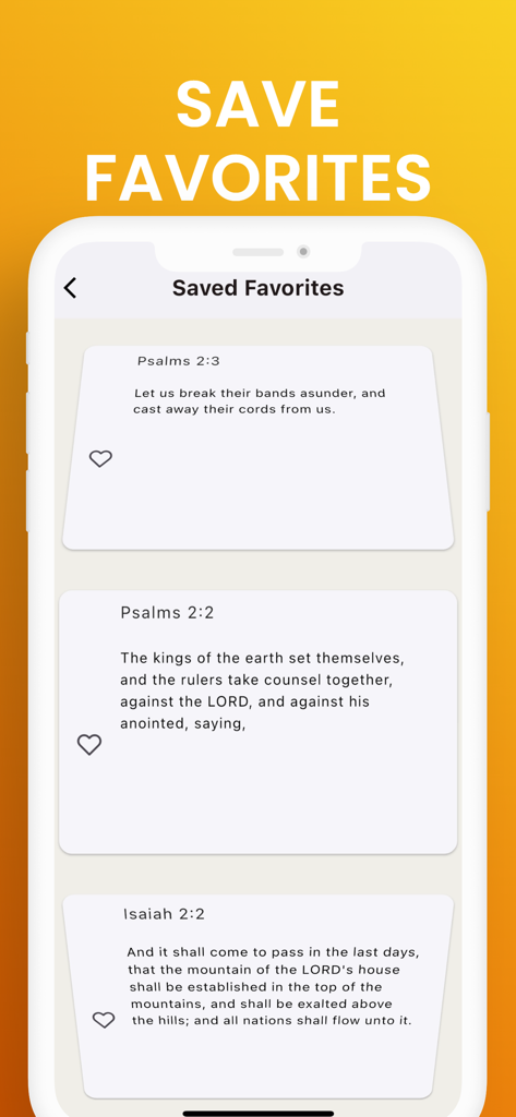 Easy to Read Bible KJV - Screenshot of the Saved Favorites screen in the Easy to Read Bible KJV app showing a list of bookmarked verses from Psalms and Isaiah.