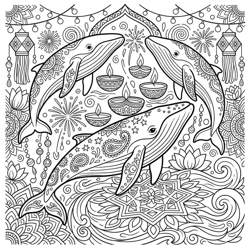 Immerse yourself in a vibrant celebration with this unique coloring page featuring majestic Minke Whales enjoying the magic of Diwali. Adorned with intricate patterns and surrounded by festive lights, it's a delightful scene waiting for your creative touch.