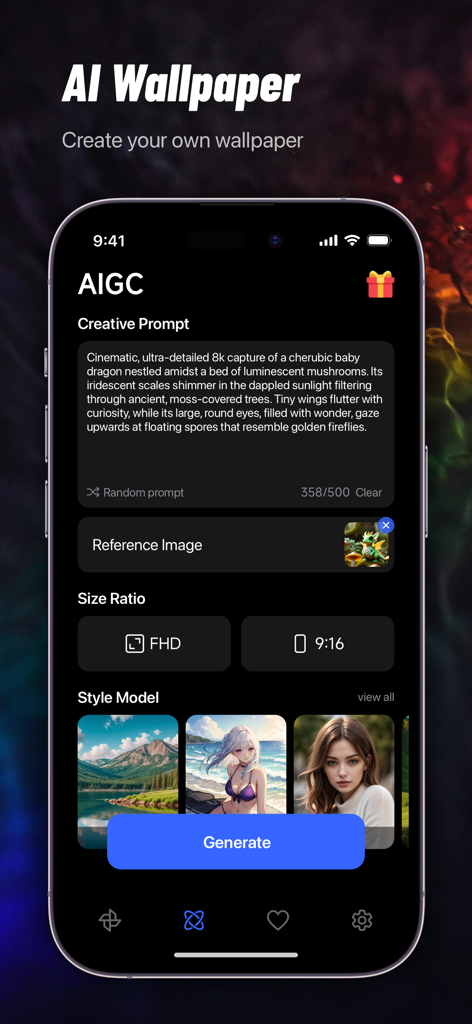Interface de um aplicativo gerador de wallpaper de IA com um campo de prompt criativo e seleções de estilo.