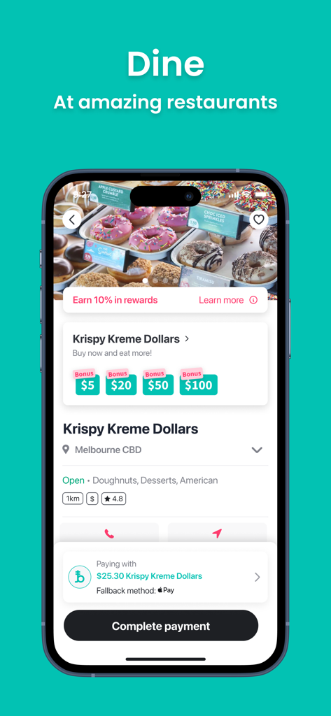 A smartphone showing the Liven app interface for paying with Brandollars at a restaurant.