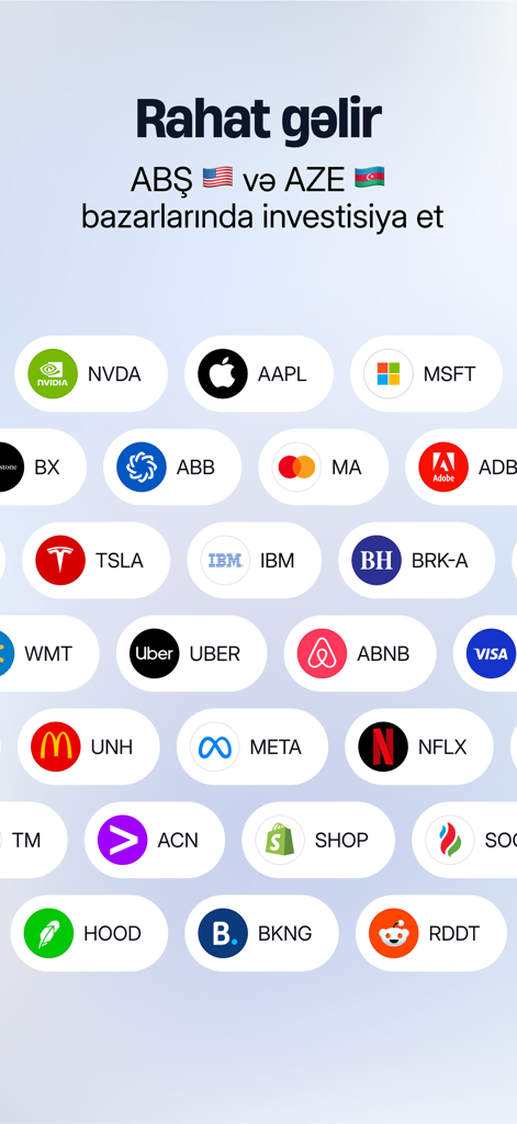 Capture d'écran de l'application mobile ABB présentant l'option d'investir sur les marchés boursiers américain et azerbaïdjanais