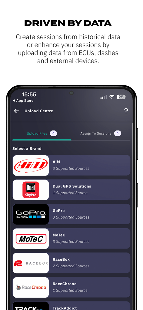MyRaceLab: Lap & Race Timer - Centro de carga de la aplicación MyRaceLab que muestra dispositivos de datos de carrera compatibles y marcas de telemetría