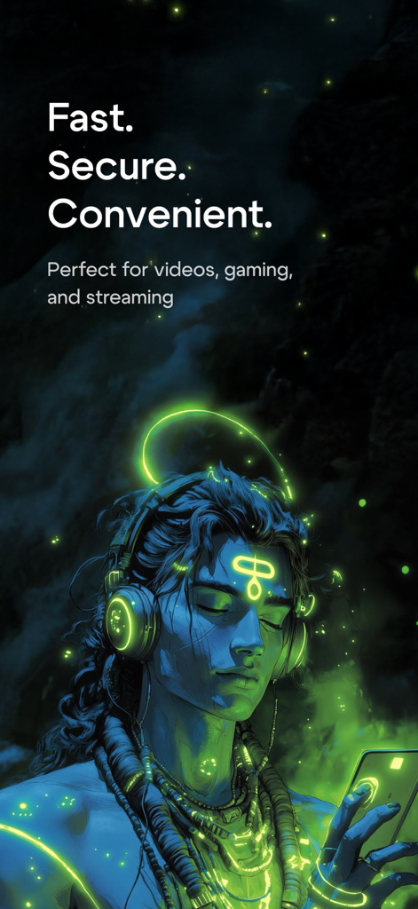 SHIVA: Safe, Fast, Private - Ilustración ciberpunk de un hombre con auriculares usando una VPN segura para streaming y juegos rápidos.