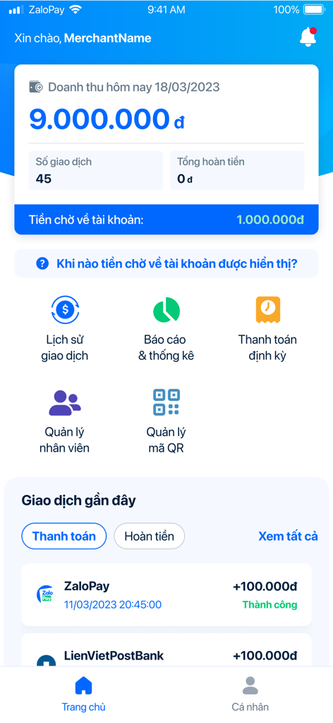 ZaloPay Merchant - Painel do aplicativo ZaloPay Merchant exibindo receita diária e recursos de gerenciamento de negócios