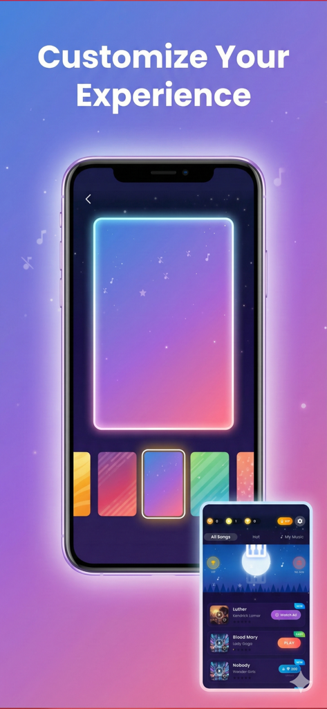 Music Tiles 4: Piano Tiles - Music Tiles 4 app interface showing piano tile skin customization options and a song selection list